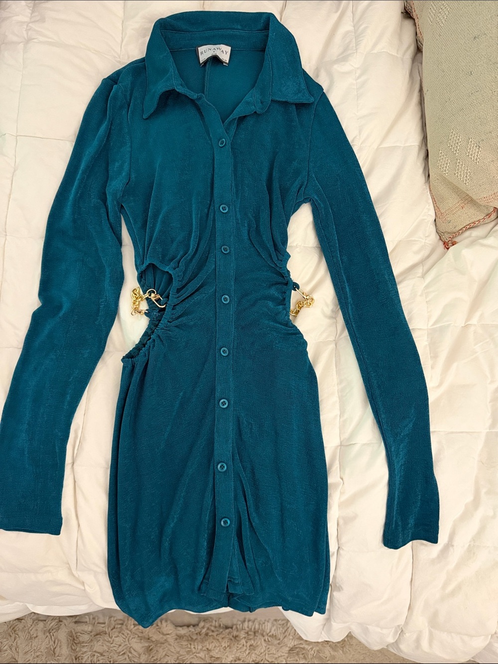 Runaway The Label Teal Cutout Shirt Dress Removable Gold Chains Size S